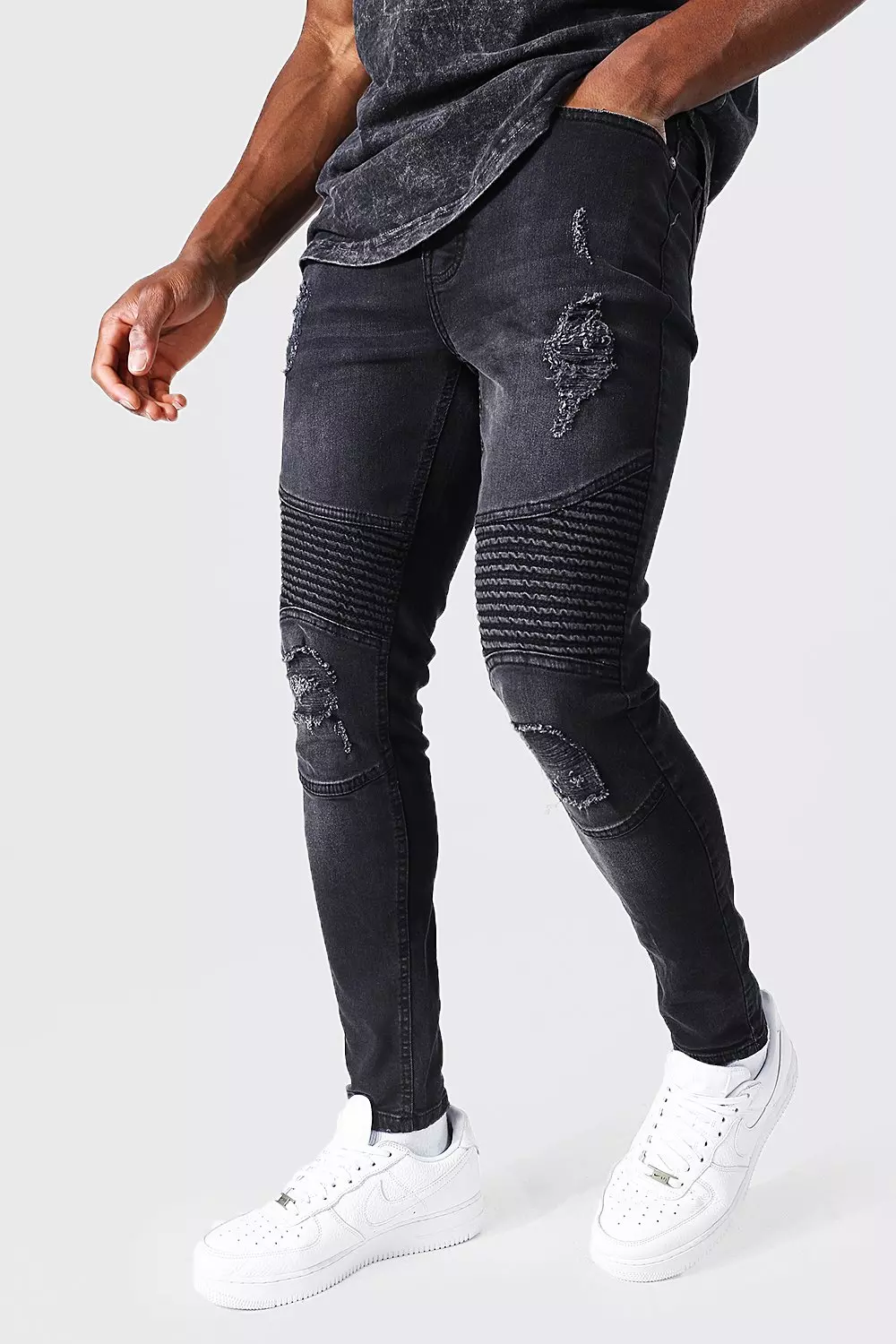 Washed black biker jeans sale